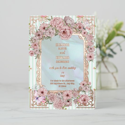  Aqua Peony bruiloft Folie Uitnodiging (Staand Voorkant)