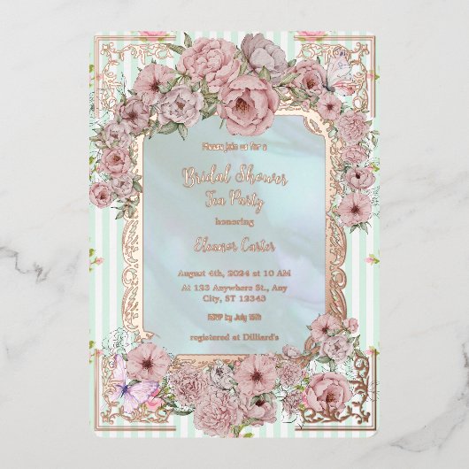  Aqua Peony Vrijgezellenfeest Tea Party Folie Uitnodiging (Voorkant)