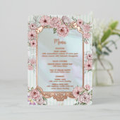  Aqua Peony Wedding Folie Menu Kaart (Staand Voorkant)