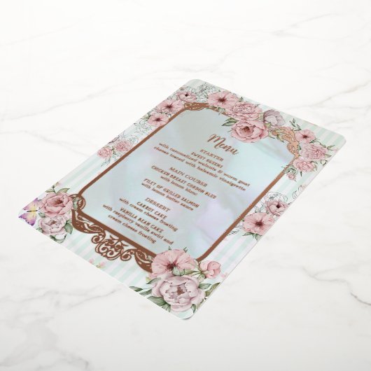 Aqua Peony Wedding Folie Menu Kaart (Gedraaid)