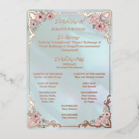 Aqua Peony Wedding Folie Programma Kaart (Voorkant)