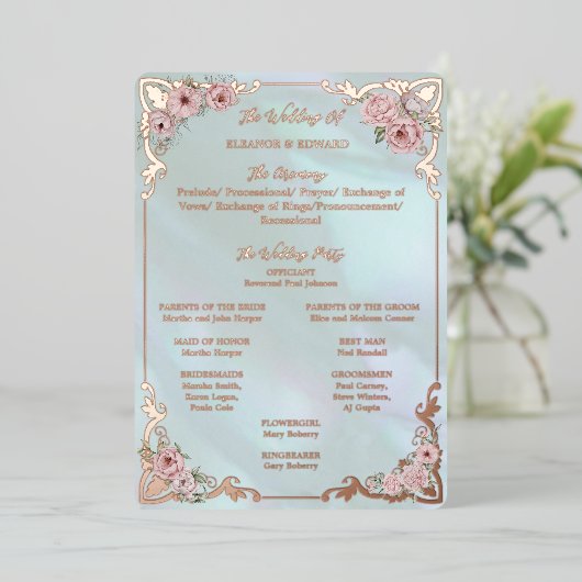 Aqua Peony Wedding Folie Programma Kaart (Staand Voorkant)