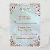  Aqua Peony Wedding Folie RSVP Response Kaart (Voorkant)