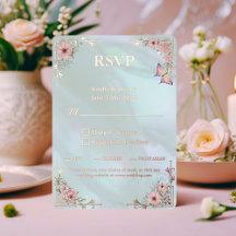  Aqua Peony Wedding Folie RSVP Response Kaart