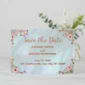  Aqua Peony Wedding Folie Save the Date Kaart (Staand Voorkant)