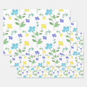 Aqua, Periwinkle, Geel Waterverf Bloem Inpakpapier Vel