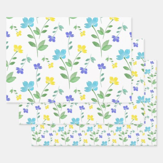 Aqua, Periwinkle, Geel Waterverf Bloem Inpakpapier Vel (Set)