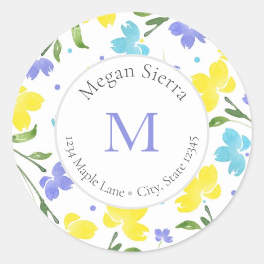 Aqua Periwinkle & Gele Waterverf Bloemenlabels Ronde Sticker (Voorkant)