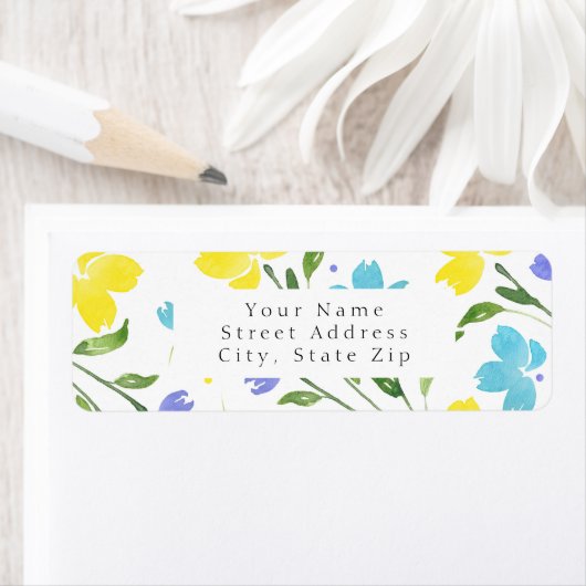 Aqua Periwinkle Gele Waterverf Bloemstenen Etiket (Insitu)