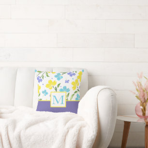 Aqua Periwinkle Gele Waterverf Bloemstenen Kussen