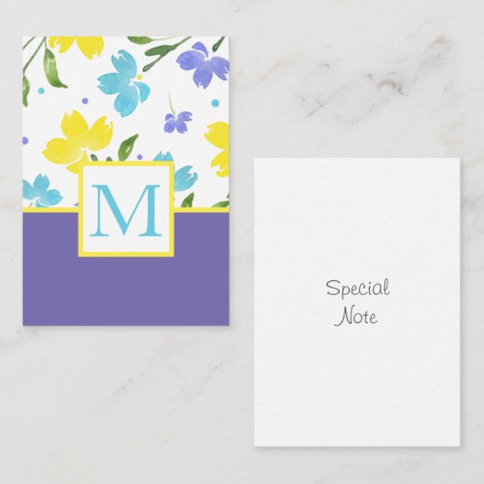 Aqua Periwinkle Gele Waterverf Bloemstenen Notitiekaartje (Voorkant / Achterkant)