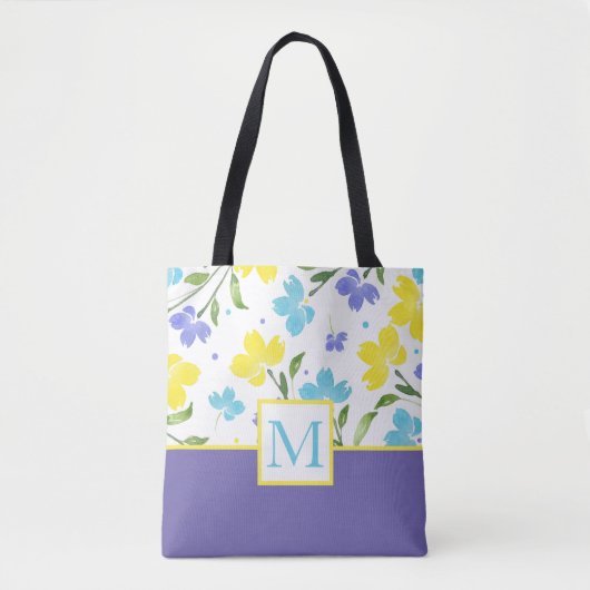 Aqua Periwinkle Gele Waterverf Bloemstenen Tote Bag (Voorkant)