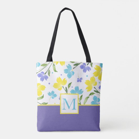 Aqua Periwinkle Gele Waterverf Bloemstenen Tote Bag (Achterkant)