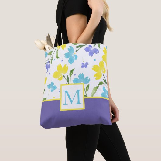 Aqua Periwinkle Gele Waterverf Bloemstenen Tote Bag (Dichtbij)
