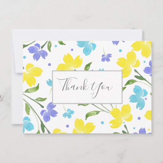 Aqua, Periwinkle, Gele Waterverf Floral Stems Bedankkaart (Voorkant)