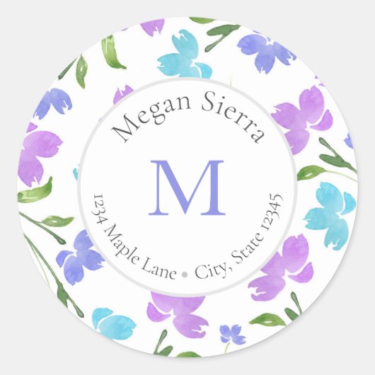Aqua Periwinkle Paarse Waterverf Bloemenlabels Ronde Sticker (Voorkant)