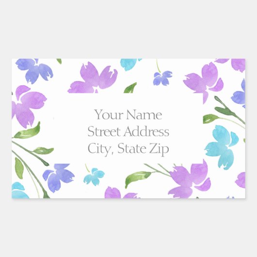 Aqua Periwinkle Paarse Waterverf bloemstelen Rechthoekige Sticker (Voorkant)