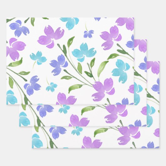 Aqua Periwinkle Paarse Waterverf Floral Stems Inpakpapier Vel (Set)
