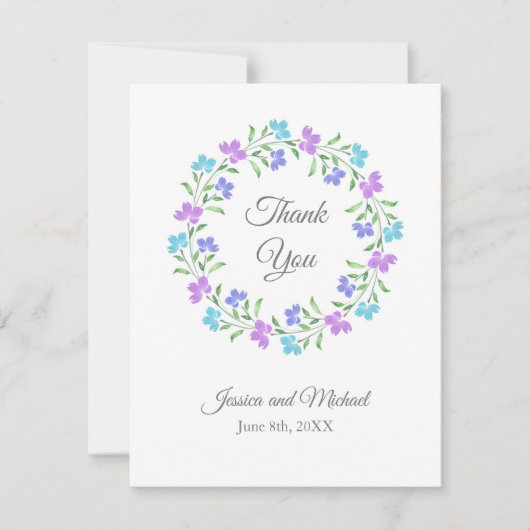 Aqua, Periwinkle, Paarse Waterverf Floral Wreath Bedankkaart (Voorkant)