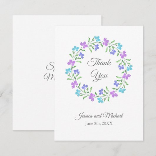 Aqua, Periwinkle, Paarse Waterverf Floral Wreath Bedankkaart (Voorkant / Achterkant)