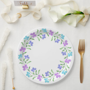 Aqua, Periwinkle, Paarse Waterverf Floral Wreath Papieren Bordje