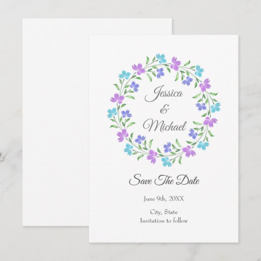 Aqua, Periwinkle, Paarse Waterverf Floral Wreath Save The Date (Voorkant / Achterkant)