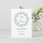 Aqua, Periwinkle, Paarse Waterverf Floral Wreath Save The Date (Staand voorkant)