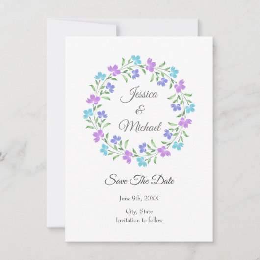 Aqua, Periwinkle, Paarse Waterverf Floral Wreath Save The Date (Voorkant)