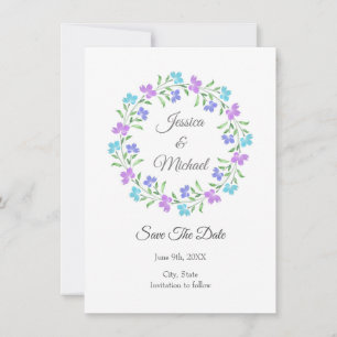 Aqua, Periwinkle, Paarse Waterverf Floral Wreath Save The Date