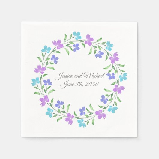 Aqua, Periwinkle, Paarse Waterverf Floral Wreath Servet (Voorkant)