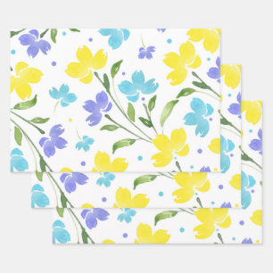Aqua Periwinkle Yellow Waterverf Floral Stems Inpakpapier Vel