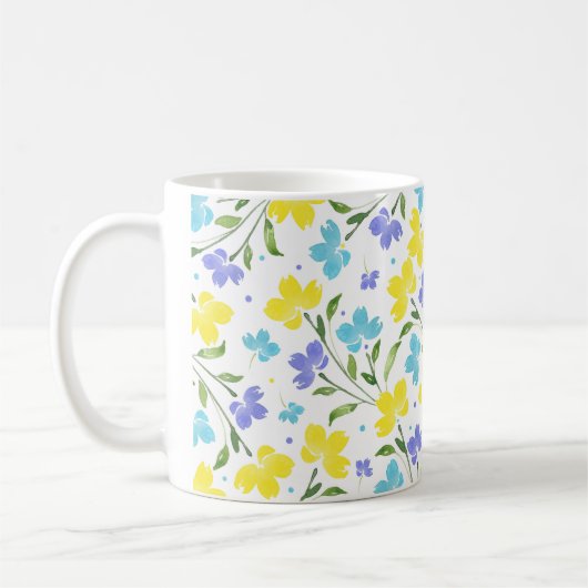 Aqua Periwinkle Yellow Waterverf Floral Stems Koffiemok (Links)
