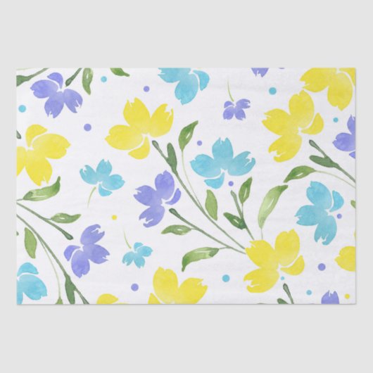 Aqua Periwinkle Yellow Waterverf Floral Stems Tissuepapier (Voorkant)