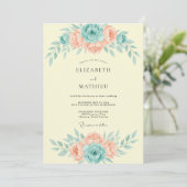 Aqua Perzik Botanische Aquarel Bruiloft Kaart (Staand voorkant)