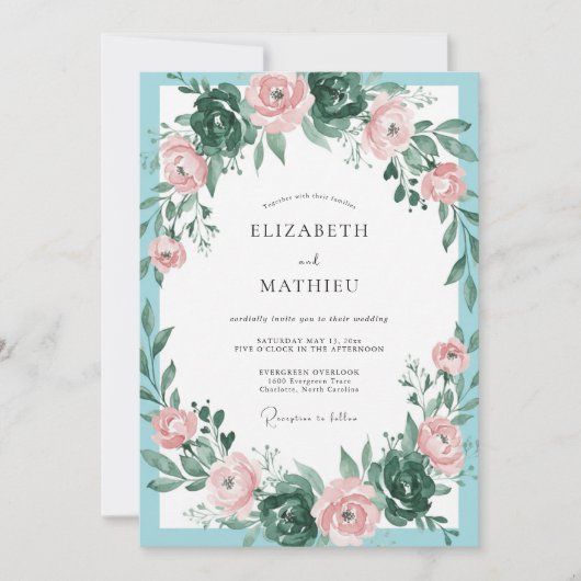 Aqua Perzik Loof Eucalyptus Bruiloft Kaart (Voorkant)