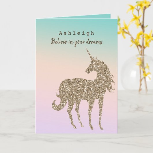 Aqua Perzik Paars Roze Tie Dye Glitter Eenhoorn Kaart (Gele Bloem)