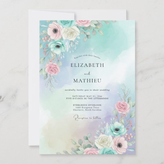 Aqua Perzik Ranunculus Eucalyptus Bruiloft Kaart (Voorkant)