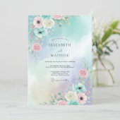 Aqua Perzik Ranunculus Eucalyptus Bruiloft Kaart (Staand voorkant)