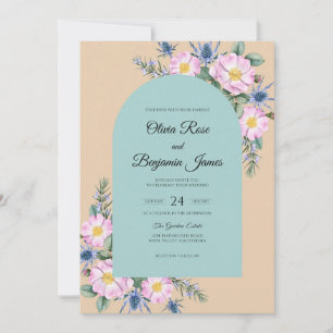 Aqua Perzik Wilde Bloemen Bruiloft Kaart