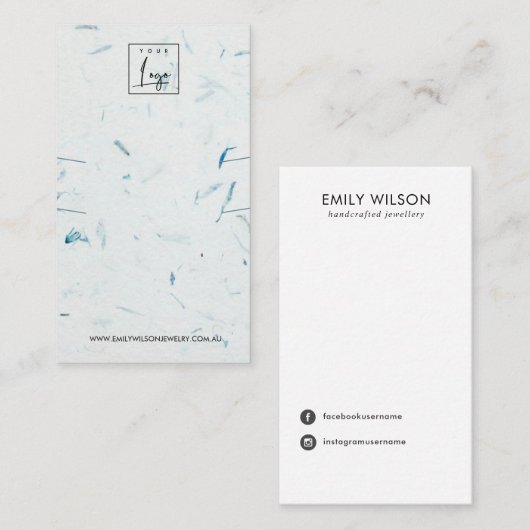 AQUA PETAL HANDGEMAAKTE PAPIER LANGE KETTING DISPL VISITEKAARTJE (Voorkant / Achterkant)