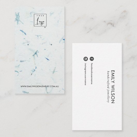 AQUA PETAL HANDGEMAAKTE PAPIEREN STUD OORBEL DISPL VISITEKAARTJE (Voorkant / Achterkant)