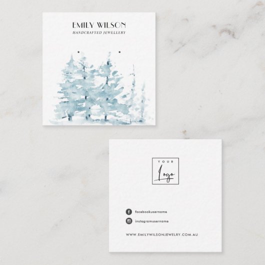 AQUA PINE TREE WINTER FOREST STUD EARRING DISPLAY VIERKANTE VISITEKAARTJE (Voorkant / Achterkant)