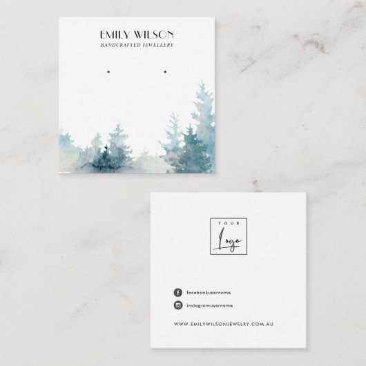AQUA PINE TREE WINTER FOREST STUD EARRING DISPLAY VIERKANTE VISITEKAARTJE (Voorkant / Achterkant)