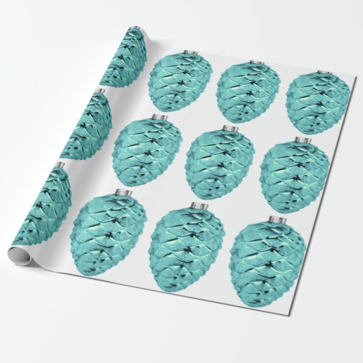 Aqua Pinecone Ornamenten inpakpapier (Uitgerold)