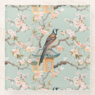 Aqua Pink Bird & Blossom Chinoiserie Glass Onderze Glazen Onderzetter
