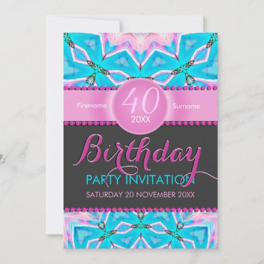 Aqua Pink Bohemian 40th Birthday Uitnodiging (Voorkant)