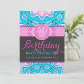 Aqua Pink Bohemian 40th Birthday Uitnodiging (Staand voorkant)