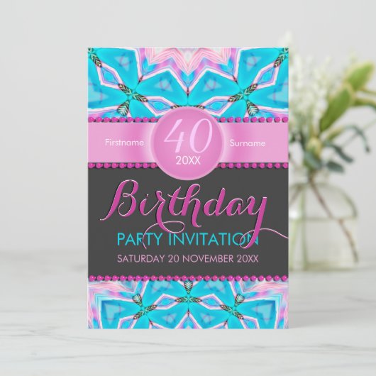 Aqua Pink Bohemian 40th Birthday Uitnodiging (Staand voorkant)