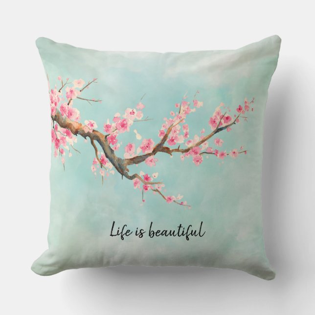 Aqua Pink Cherry Blossom Floral  Kussen (Voorkant)