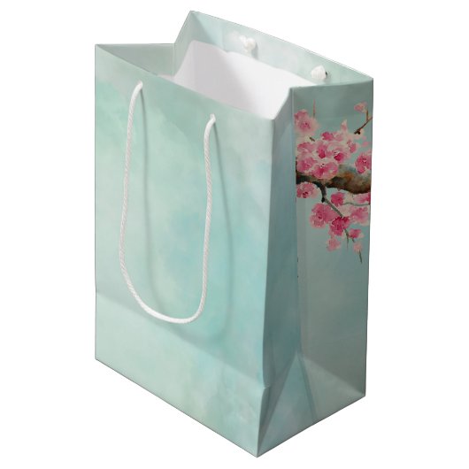 Aqua Pink Cherry Blossom Floral  Medium Cadeauzakje (Voorkant Gekanteld)